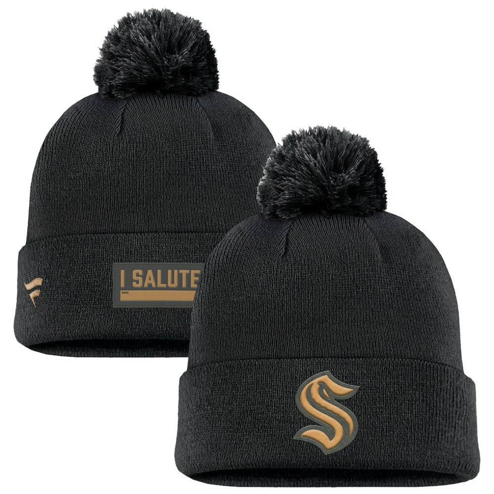 Seattle Kraken Fanatics Military Appreciation Cuffed Knit Hat with Pom - Black - NHL