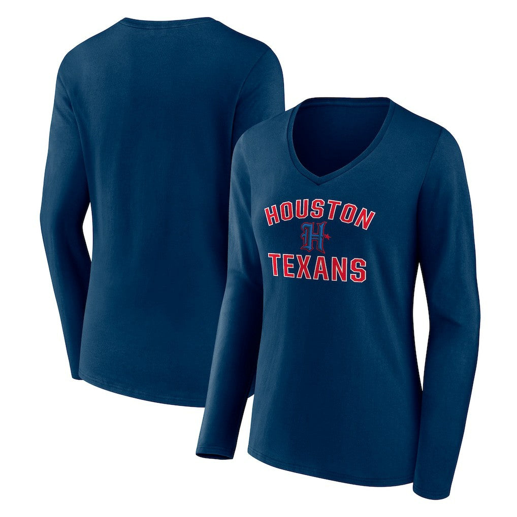 Houston Texans Women's Secondary Logo Victory Arch Long Sleeve V-Neck T-Shirt Navy | NFL