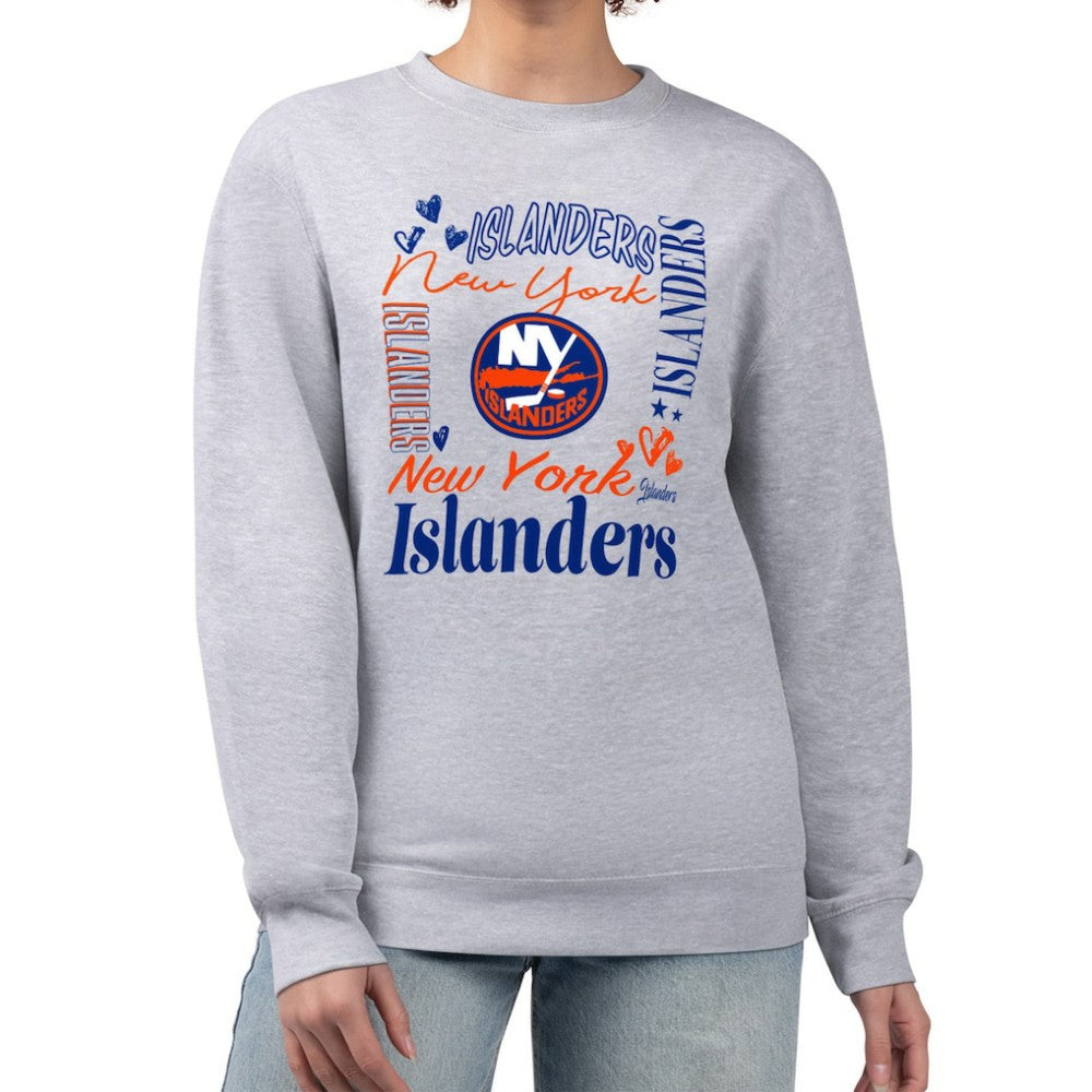 New York Islanders G-III 4Her by Carl Banks Women's Collage Graphic Fleece Long Sleeve Pullover Sweatshirt - Heather Gray - NHL