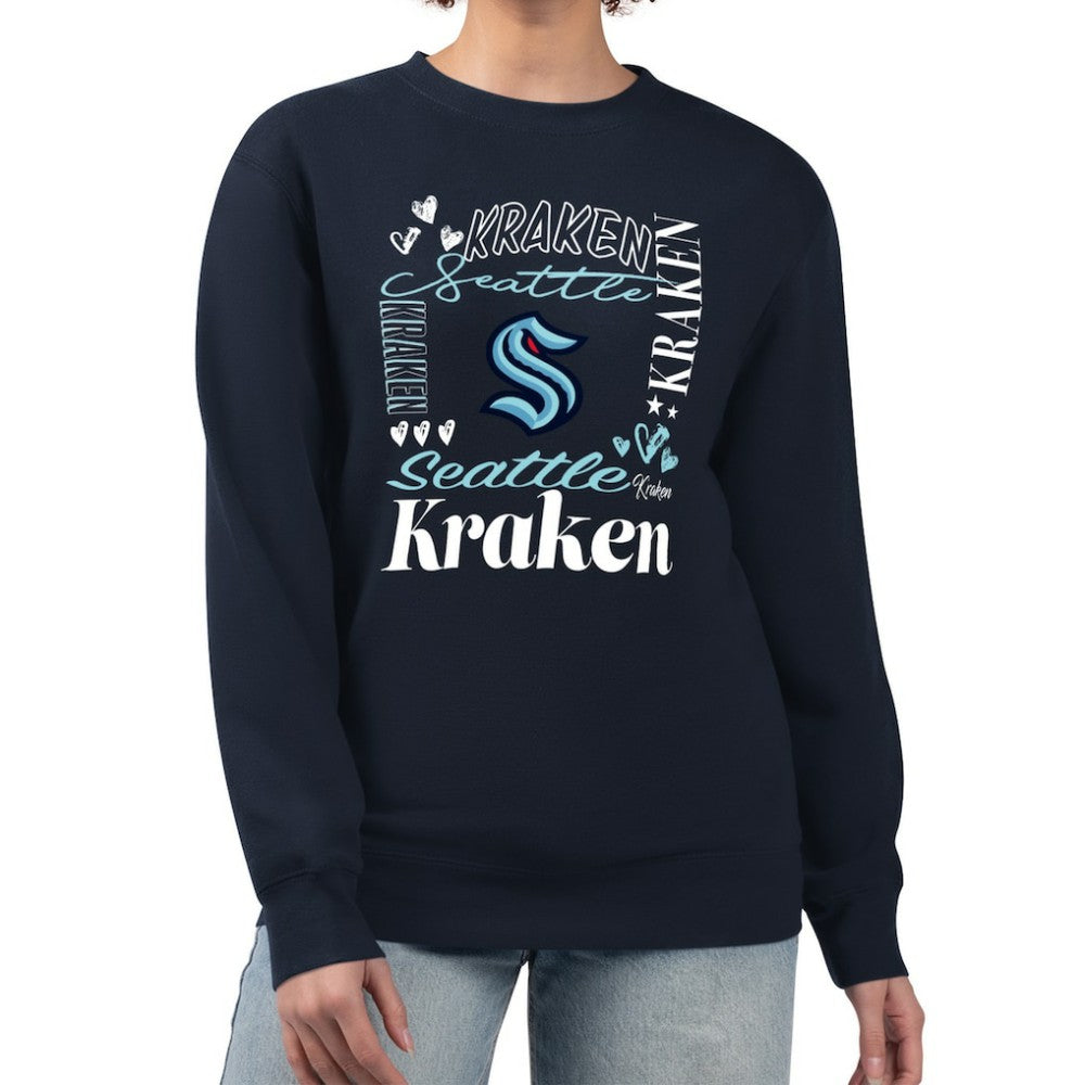 Seattle Kraken G-III 4Her by Carl Banks Women's Collage Graphic Fleece Long Sleeve Pullover Sweatshirt - Deep Sea Blue - NHL