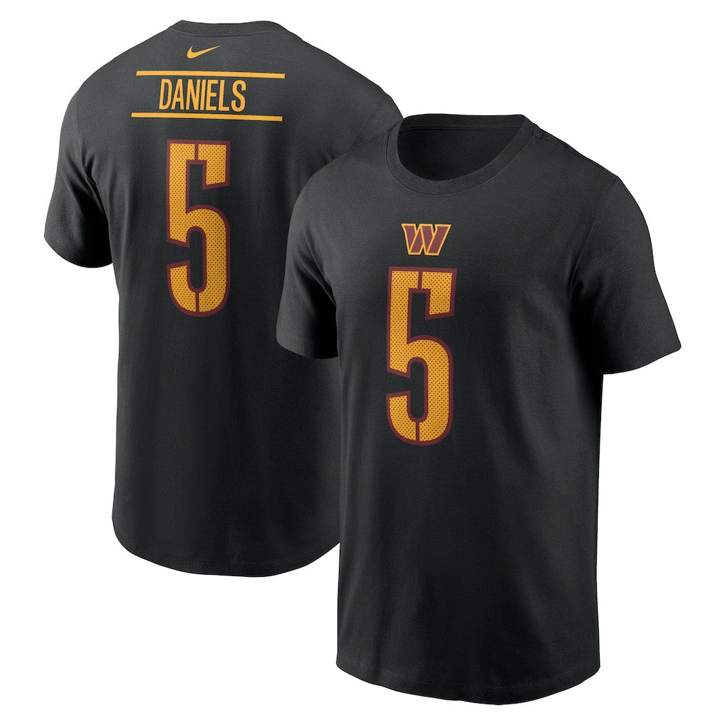 Jayden Daniels Washington Commanders Player Name & Number T-Shirt Black | Nike for Sale