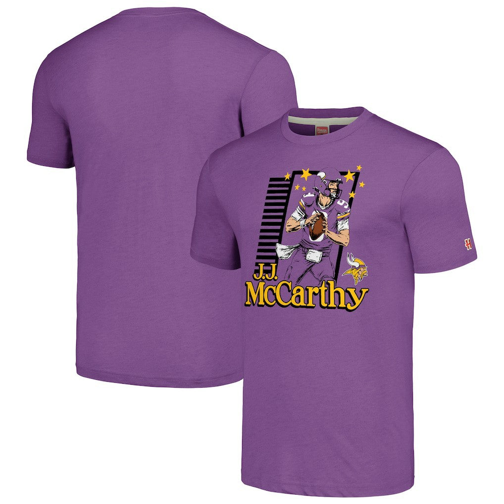 J.J. McCarthy Minnesota Vikings Homage Unisex Caricature Player Tri-Blend T-Shirt Purple | NFL