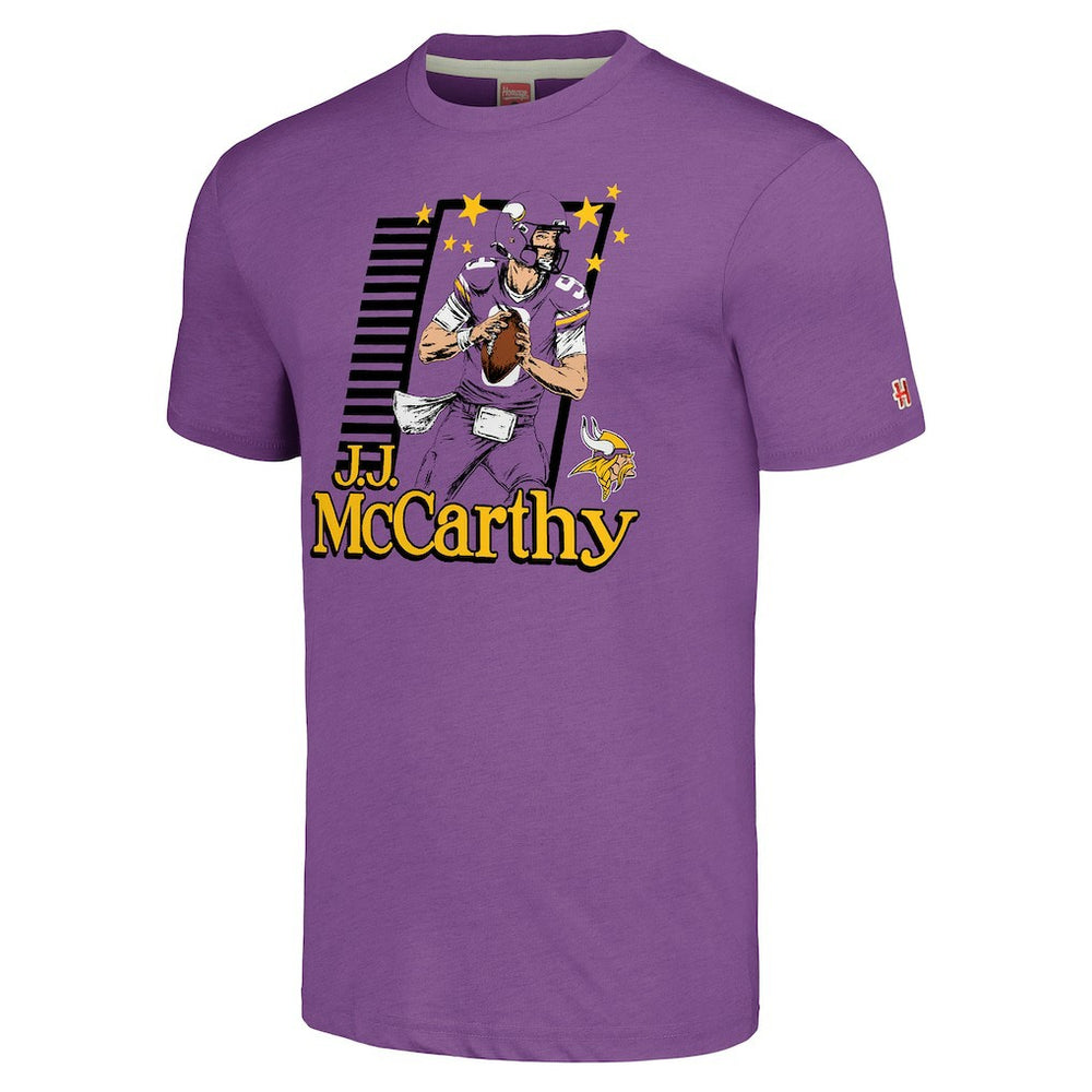 J.J. McCarthy Minnesota Vikings Homage Unisex Caricature Player Tri-Blend T-Shirt Purple | NFL