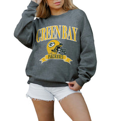 Green Bay Packers Gameday Couture Women's Oversized Seal The Deal Premium Fleece Drop Shoulder Pullover Sweatshirt Charcoal | NFL