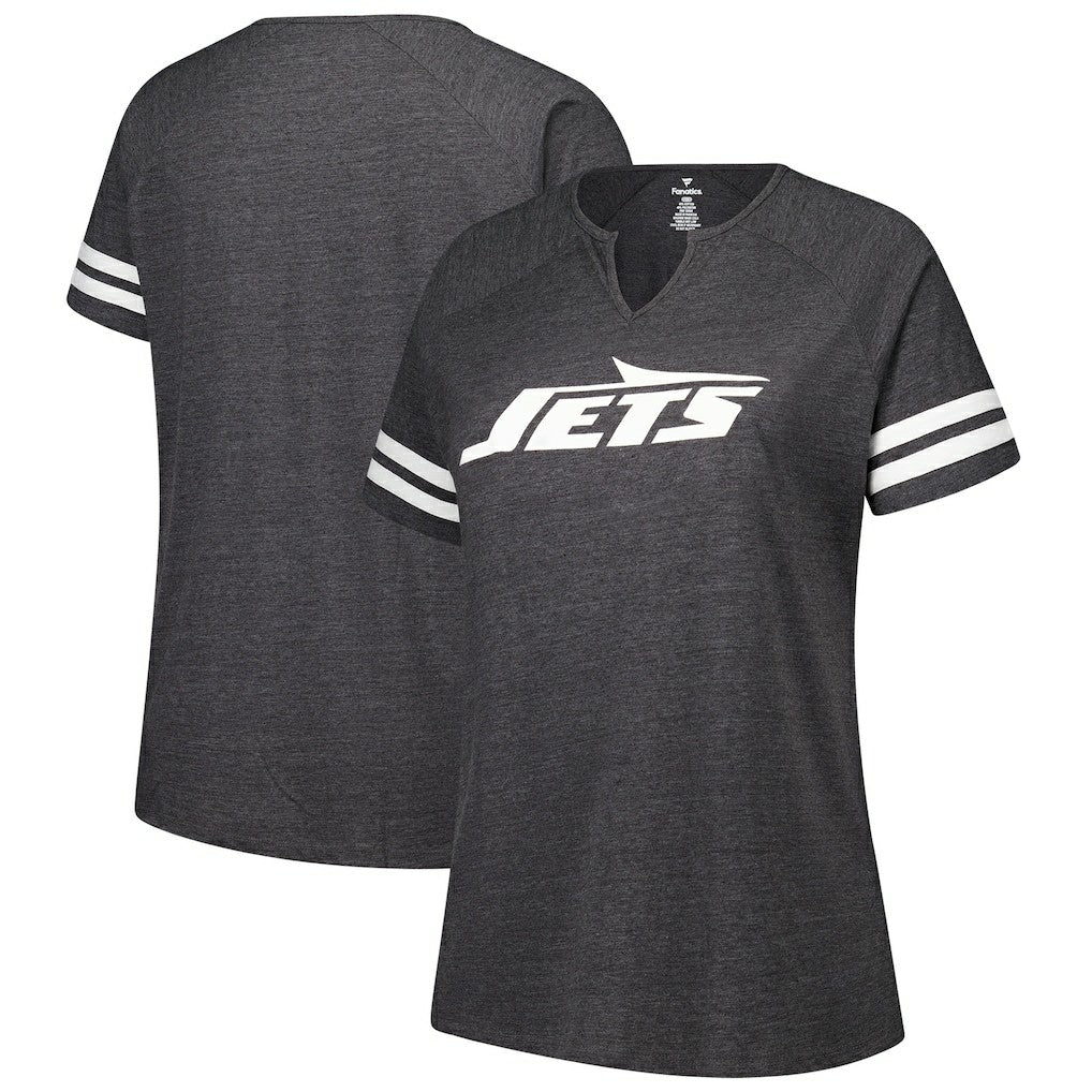 New York Jets Women's Plus Size Logo Striped Raglan Notch Neck T-Shirt Charcoal | Fanatics