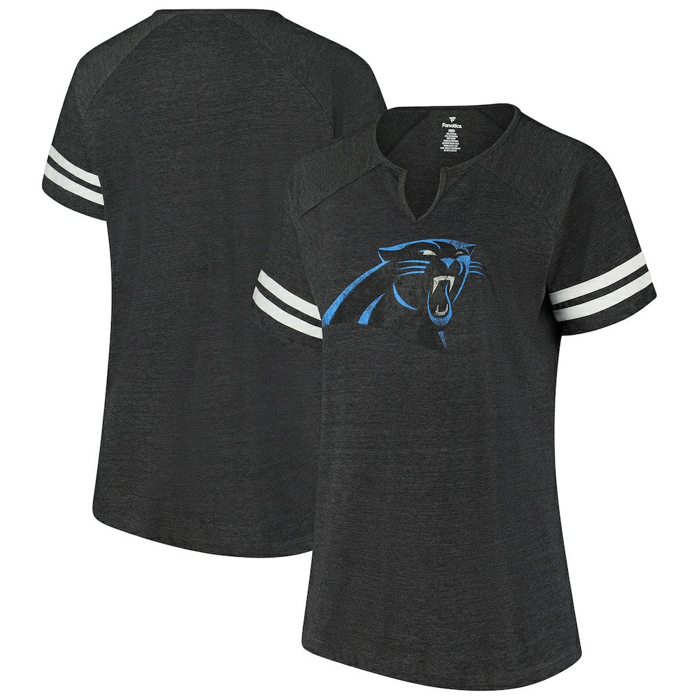 Carolina Panthers Women's Plus Size Logo Striped Raglan Notch Neck T-Shirt Black | Fanatics