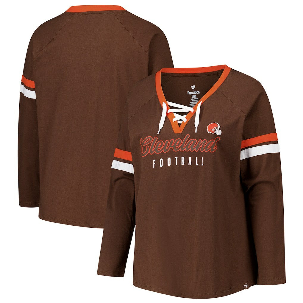 Cleveland Browns Women's Plus Size Won & Done Lace-Up V-Neck Long Sleeve T-Shirt Brown | Fanatics