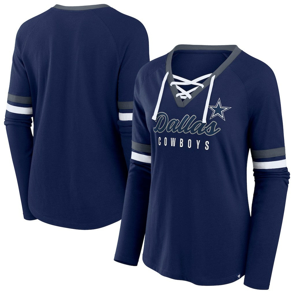 Dallas Cowboys Women's Plus Size Won & Done Lace-Up V-Neck Long Sleeve T-Shirt Navy | Fanatics