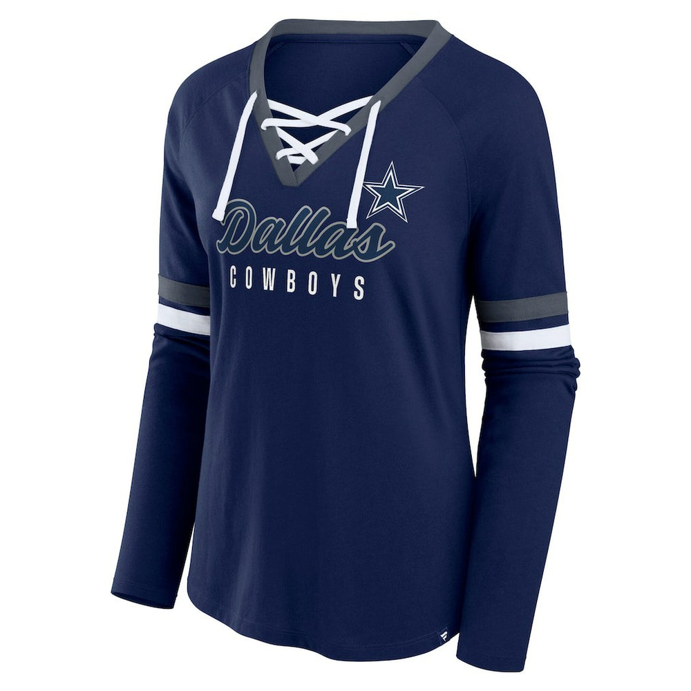 Dallas Cowboys Women's Plus Size Won & Done Lace-Up V-Neck Long Sleeve T-Shirt Navy | Fanatics