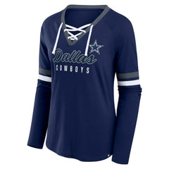 Dallas Cowboys Women's Plus Size Won & Done Lace-Up V-Neck Long Sleeve T-Shirt Navy | Fanatics