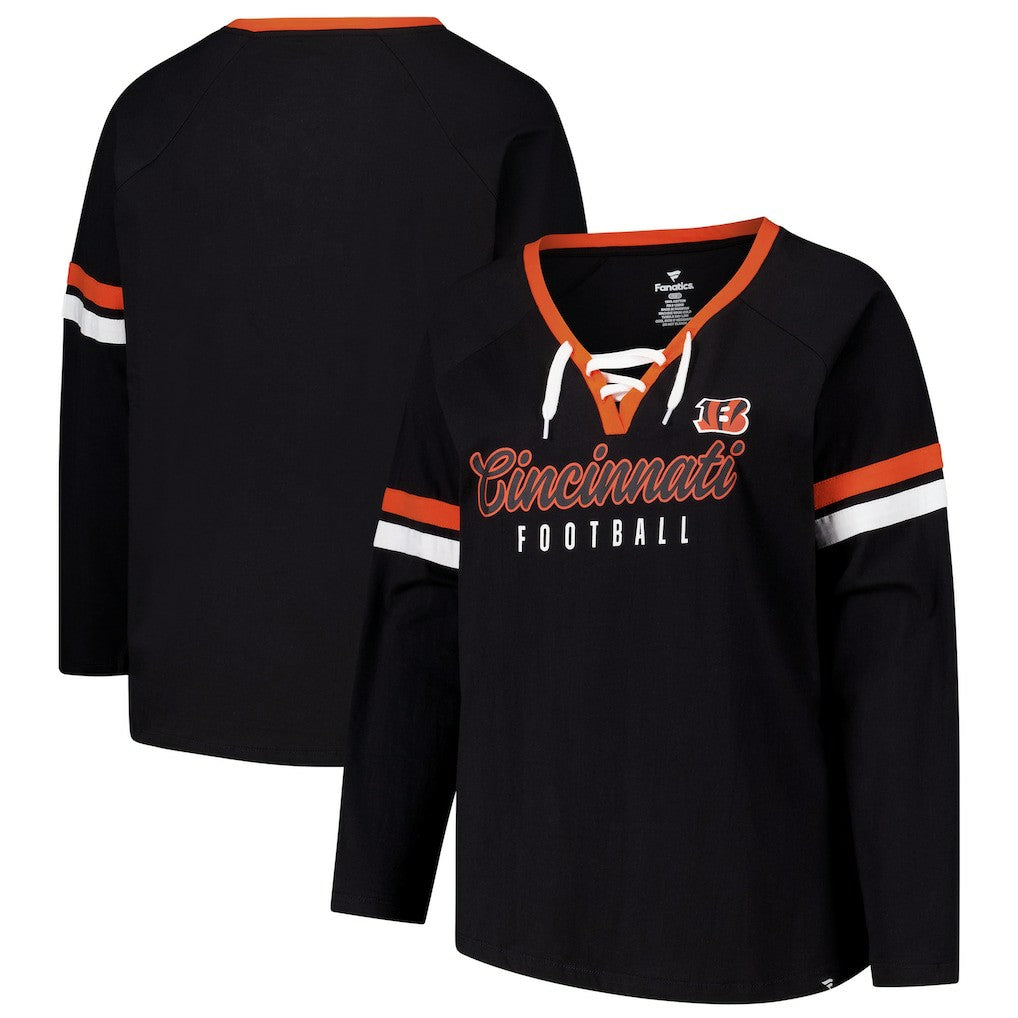 Cincinnati Bengals Women's Plus Size Won & Done Lace-Up V-Neck Long Sleeve T-Shirt Black | Fanatics