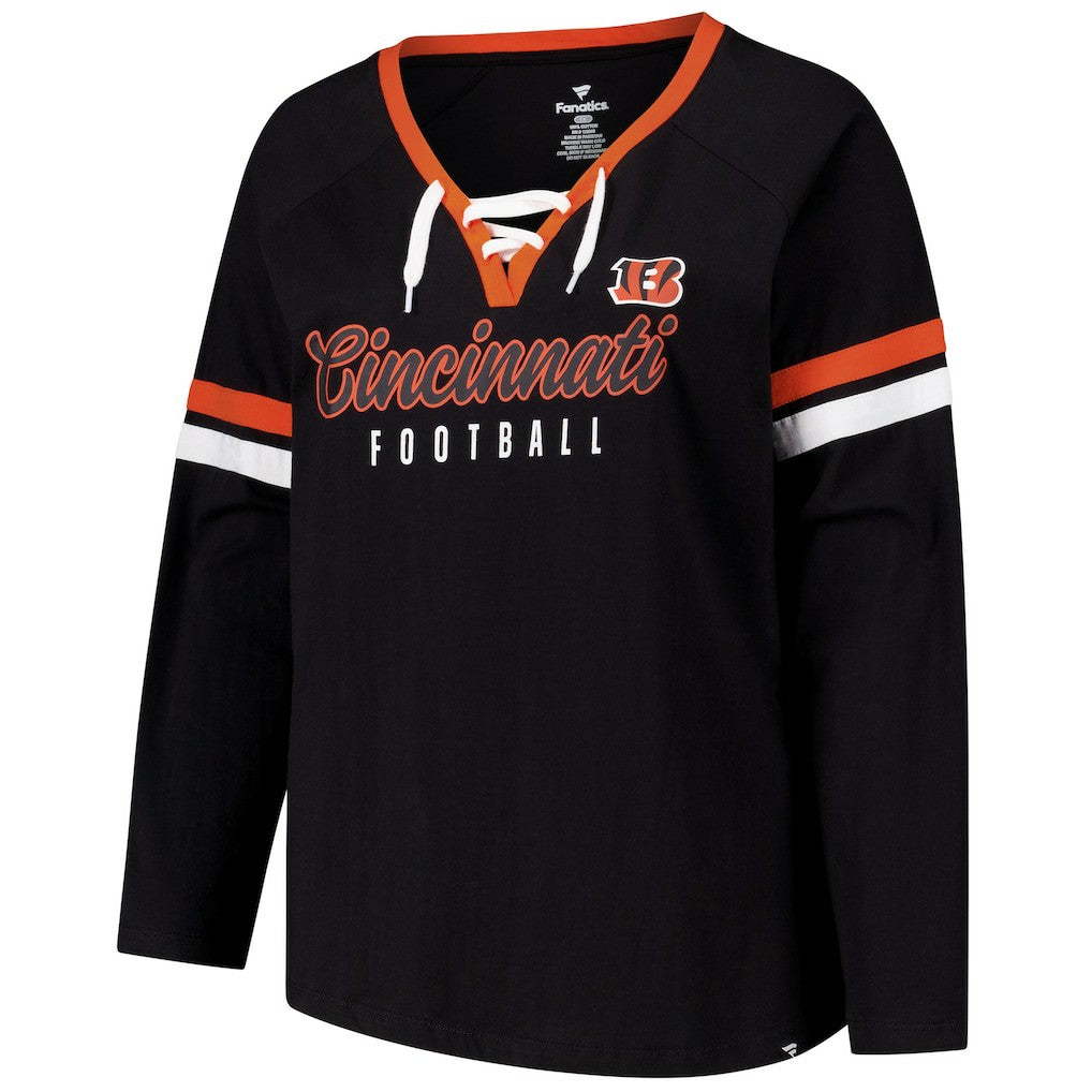 Cincinnati Bengals Women's Plus Size Won & Done Lace-Up V-Neck Long Sleeve T-Shirt Black | Fanatics