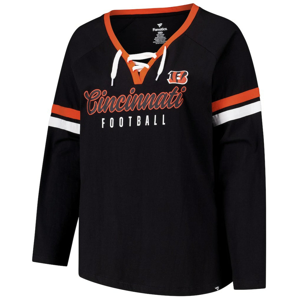 Cincinnati Bengals Women's Plus Size Won & Done Lace-Up V-Neck Long Sleeve T-Shirt Black | Fanatics