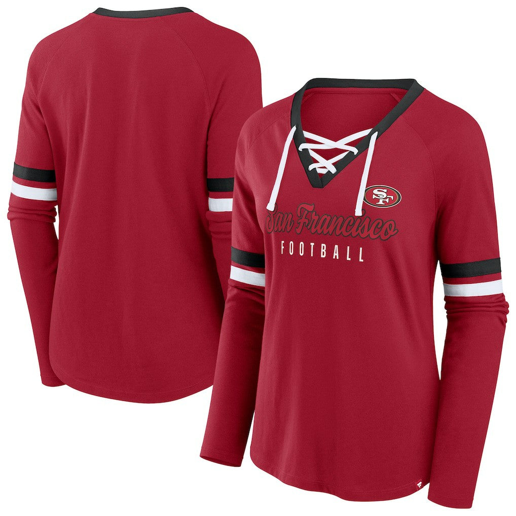 San Francisco 49ers Women's Plus Size Won & Done Lace-Up V-Neck Long Sleeve T-Shirt Scarlet | Fanatics