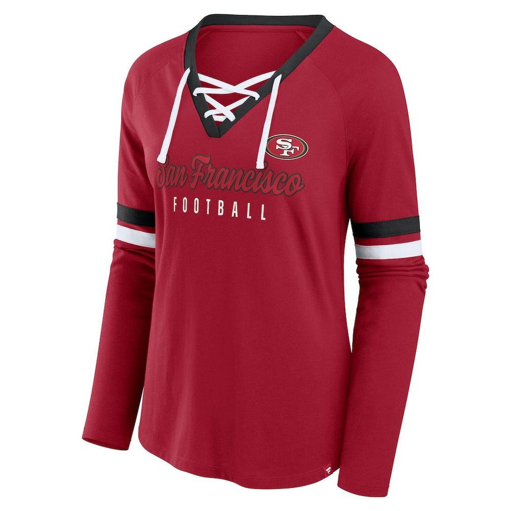 San Francisco 49ers Women's Plus Size Won & Done Lace-Up V-Neck Long Sleeve T-Shirt Scarlet | Fanatics