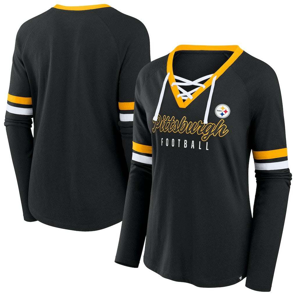 Pittsburgh Steelers Women's Plus Size Won & Done Lace-Up V-Neck Long Sleeve T-Shirt Black | Fanatics