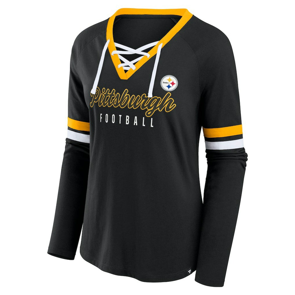 Pittsburgh Steelers Women's Plus Size Won & Done Lace-Up V-Neck Long Sleeve T-Shirt Black | Fanatics