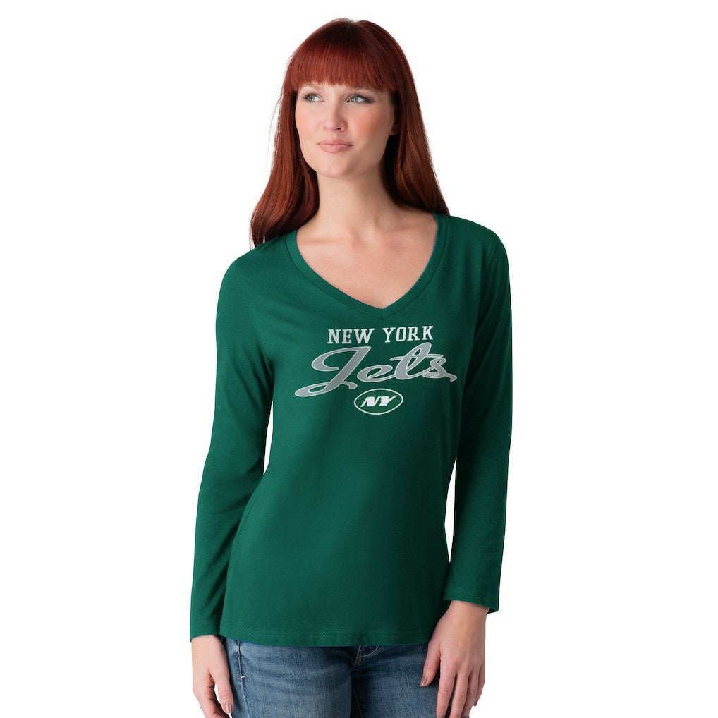 New York Jets G-III 4Her by Carl Banks Women's Post Season Long Sleeve V-Neck T-Shirt Green | NFL