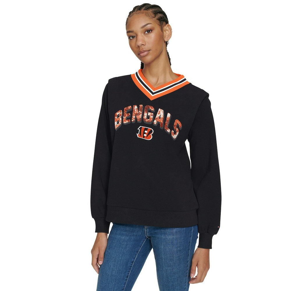 Cincinnati Bengals Tommy Hilfiger Women's Alice V-Neck Pullover Sweatshirt Black | NFL