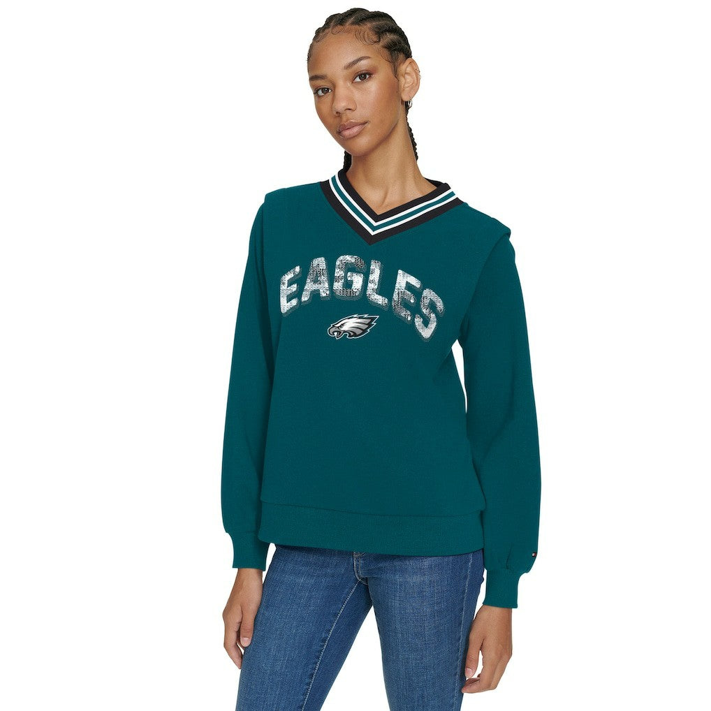 Philadelphia Eagles Tommy Hilfiger Women's Alice V-Neck Pullover Sweatshirt Midnight Green | NFL