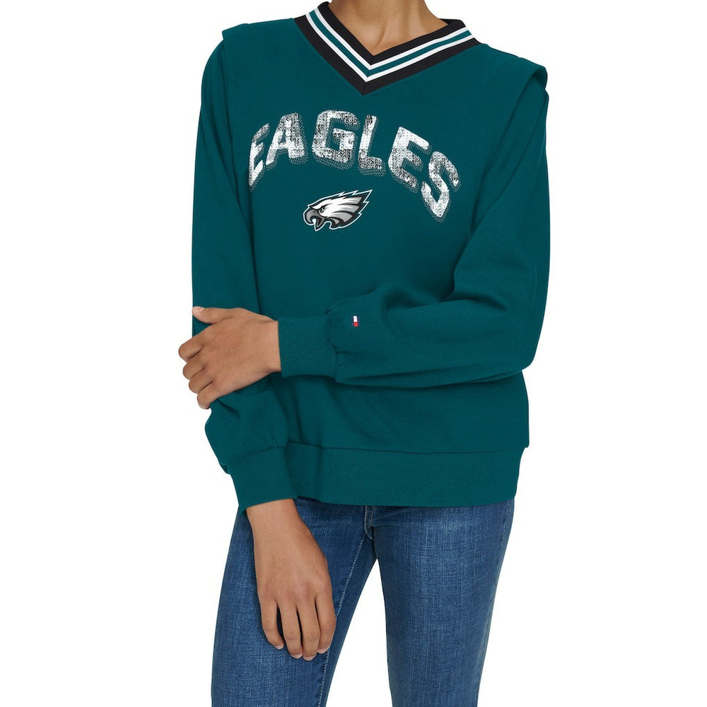 Philadelphia Eagles Tommy Hilfiger Women's Alice V-Neck Pullover Sweatshirt Midnight Green | NFL
