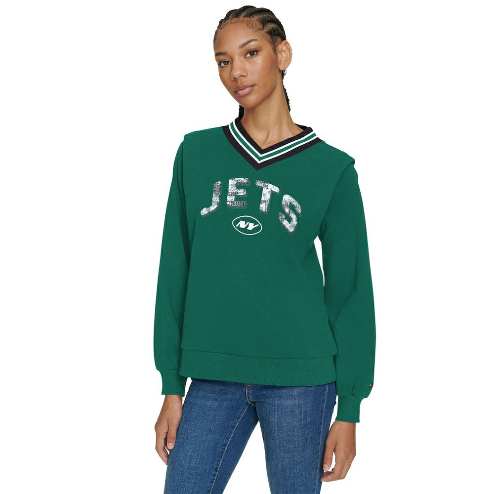 New York Jets Tommy Hilfiger Women's Alice V-Neck Pullover Sweatshirt Green | NFL