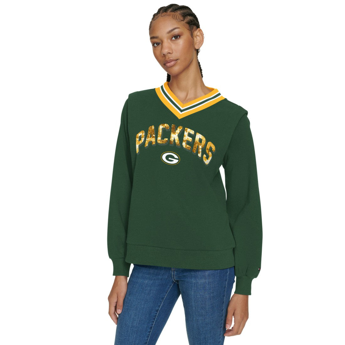 Green Bay Packers Tommy Hilfiger Women's Alice V-Neck Pullover Sweatshirt Green | NFL
