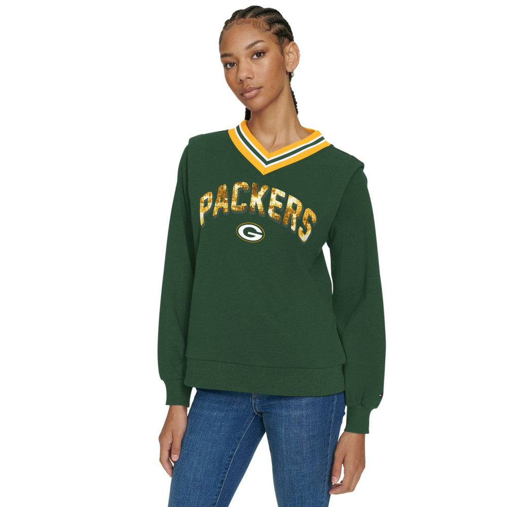 Green Bay Packers Tommy Hilfiger Women's Alice V-Neck Pullover Sweatshirt Green | NFL