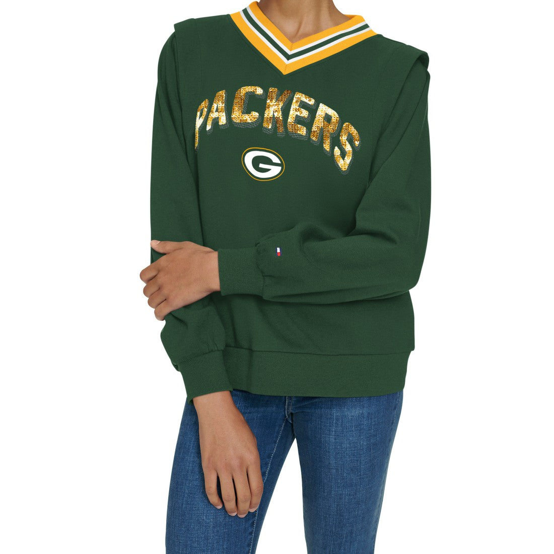 Green Bay Packers Tommy Hilfiger Women's Alice V-Neck Pullover Sweatshirt Green | NFL