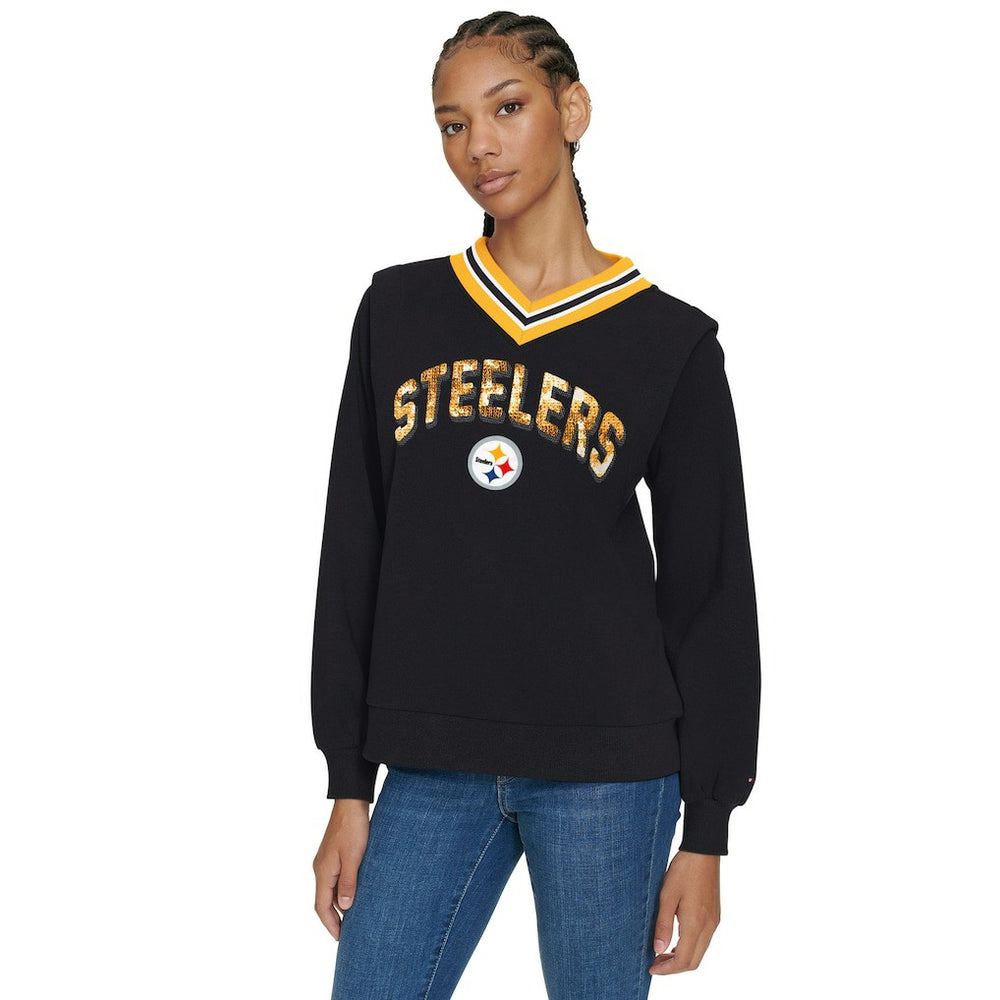 Pittsburgh Steelers Tommy Hilfiger Women's Alice V-Neck Pullover Sweatshirt Black | NFL