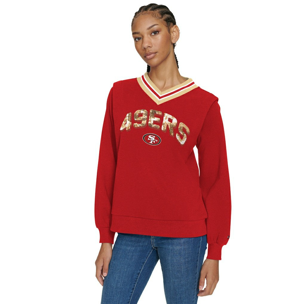San Francisco 49ers Tommy Hilfiger Women's Alice V-Neck Pullover Sweatshirt Scarlet | NFL
