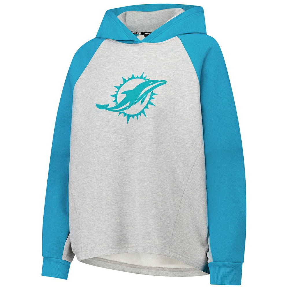 Miami Dolphins DKNY Sport Women's Joy Cropped Raglan Pullover Hoodie - Gray/Aqua | NFL