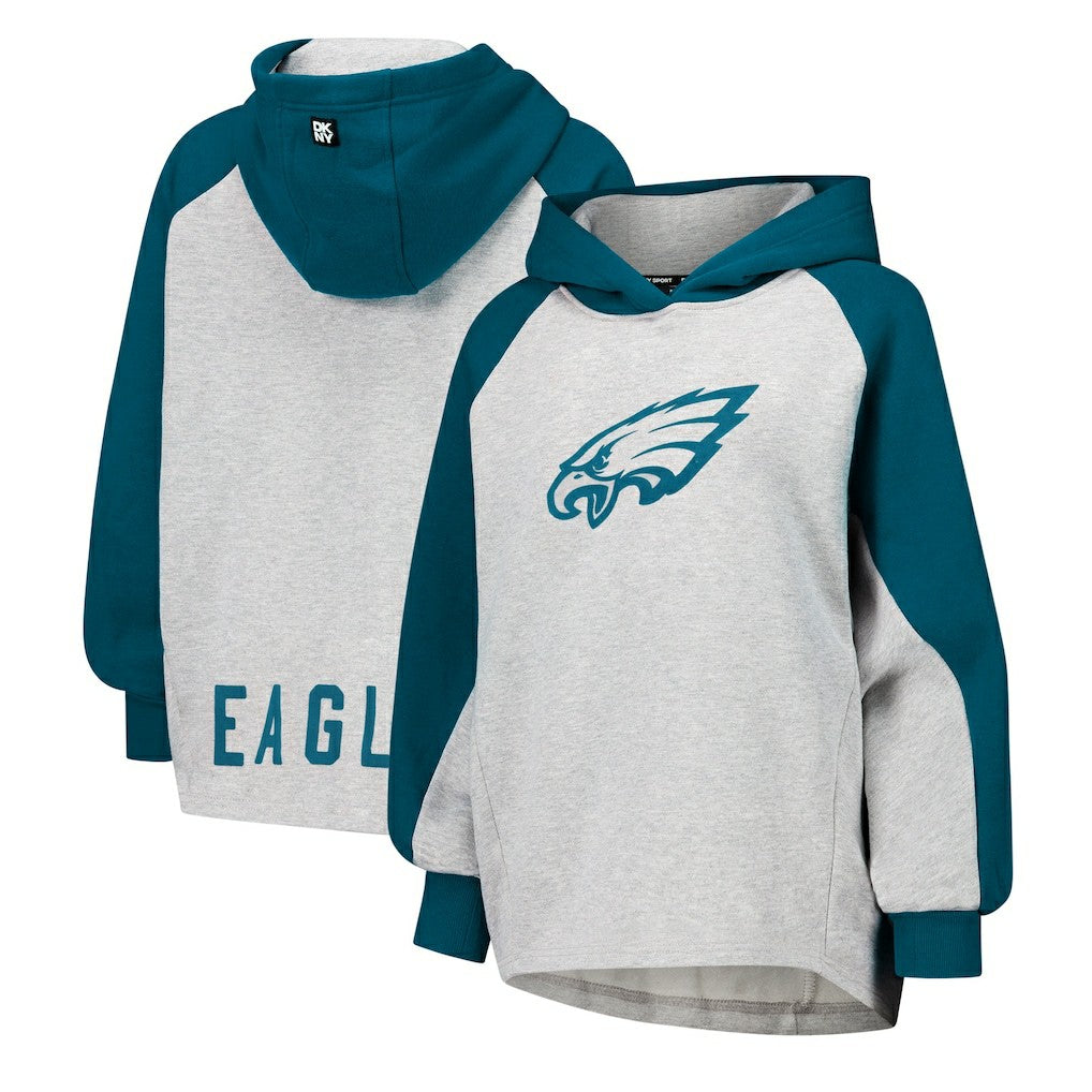 Philadelphia Eagles DKNY Sport Women's Joy Cropped Raglan Pullover Hoodie - Gray/Midnight Green | NFL