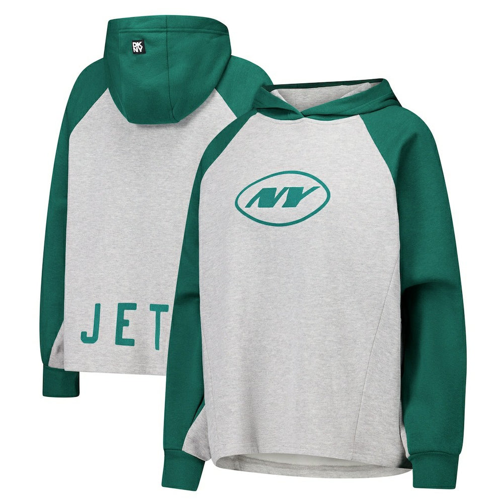 New York Jets DKNY Sport Women's Joy Cropped Raglan Pullover Hoodie - Gray/Green | NFL