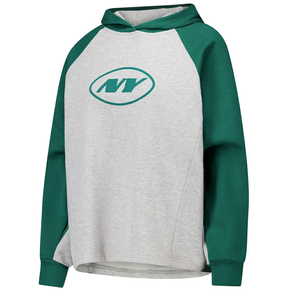 New York Jets DKNY Sport Women's Joy Cropped Raglan Pullover Hoodie - Gray/Green | NFL