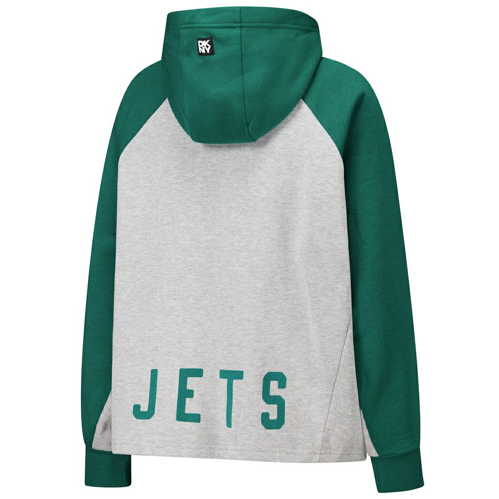 New York Jets DKNY Sport Women's Joy Cropped Raglan Pullover Hoodie - Gray/Green | NFL