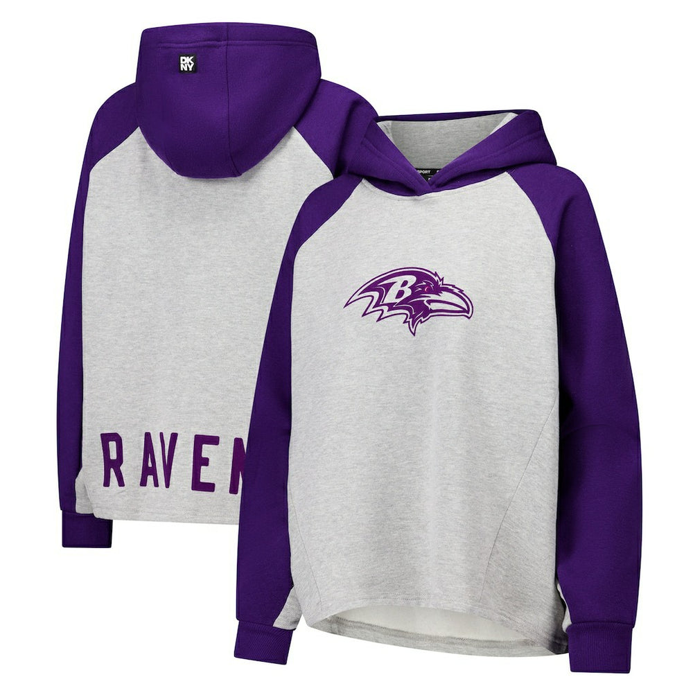 Baltimore Ravens DKNY Sport Women's Joy Cropped Raglan Pullover Hoodie - Gray/Purple | NFL