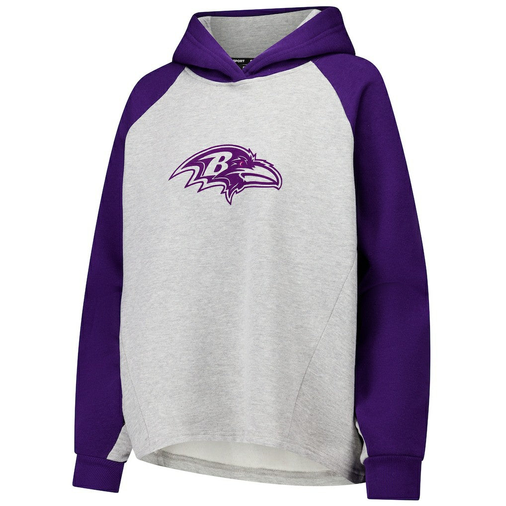 Baltimore Ravens DKNY Sport Women's Joy Cropped Raglan Pullover Hoodie - Gray/Purple | NFL