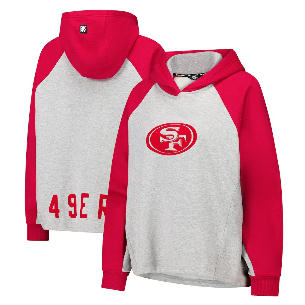 San Francisco 49ers DKNY Sport Women's Joy Cropped Raglan Pullover Hoodie - Gray/Scarlet | NFL