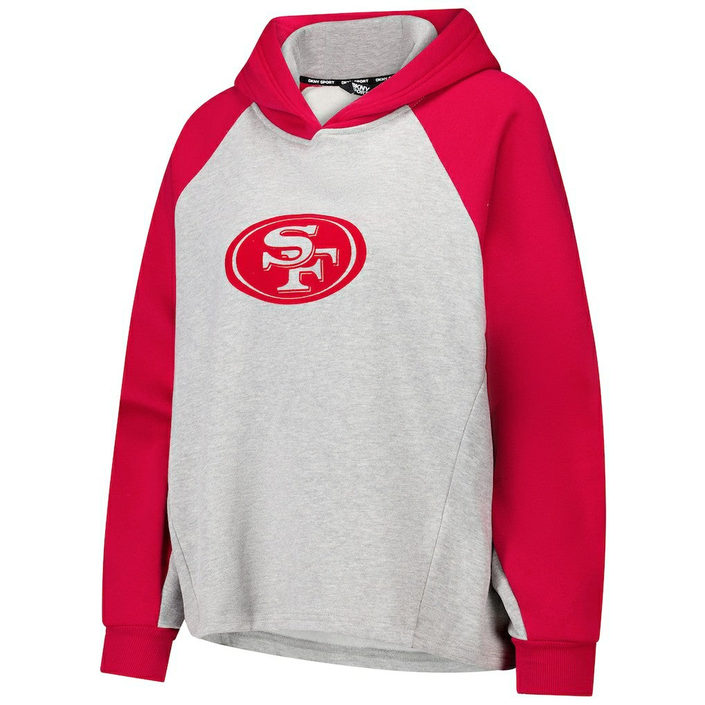 San Francisco 49ers DKNY Sport Women's Joy Cropped Raglan Pullover Hoodie - Gray/Scarlet | NFL