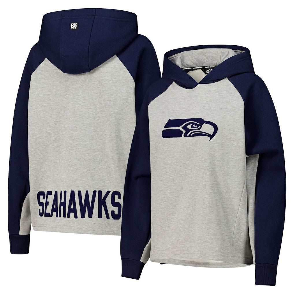 Seattle Seahawks DKNY Sport Women's Joy Cropped Raglan Pullover Hoodie - Gray/College Navy | NFL