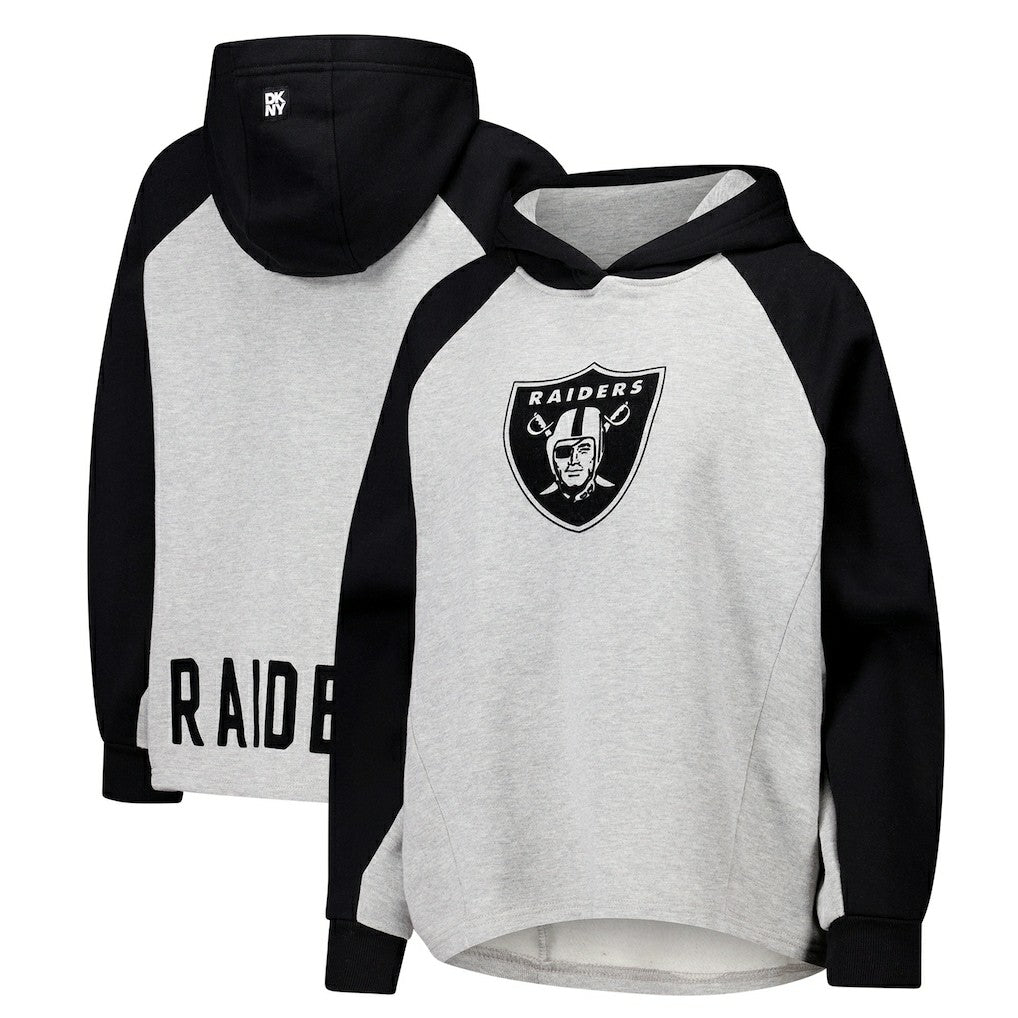 Las Vegas Raiders DKNY Sport Women's Joy Cropped Raglan Pullover Hoodie - Gray/Black | NFL