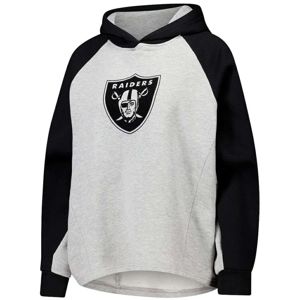 Las Vegas Raiders DKNY Sport Women's Joy Cropped Raglan Pullover Hoodie - Gray/Black | NFL