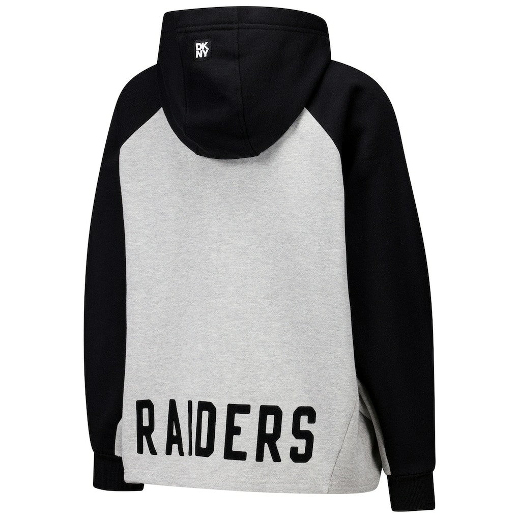 Las Vegas Raiders DKNY Sport Women's Joy Cropped Raglan Pullover Hoodie - Gray/Black | NFL
