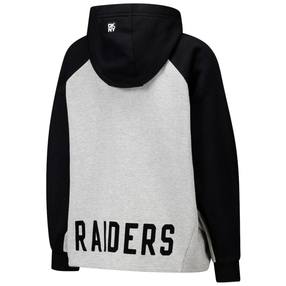 Las Vegas Raiders DKNY Sport Women's Joy Cropped Raglan Pullover Hoodie - Gray/Black | NFL