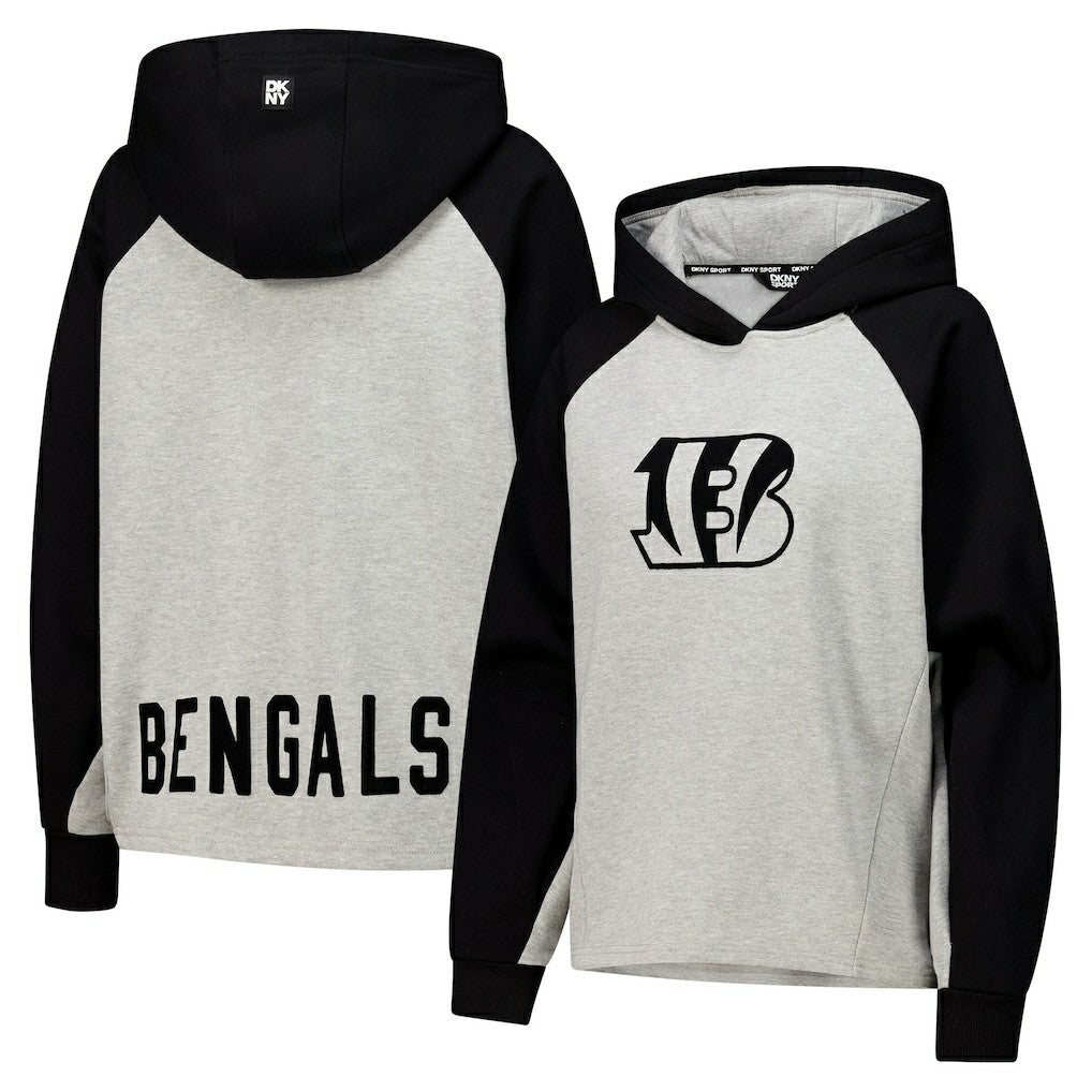Cincinnati Bengals DKNY Sport Women's Joy Cropped Raglan Pullover Hoodie - Gray/Black | NFL