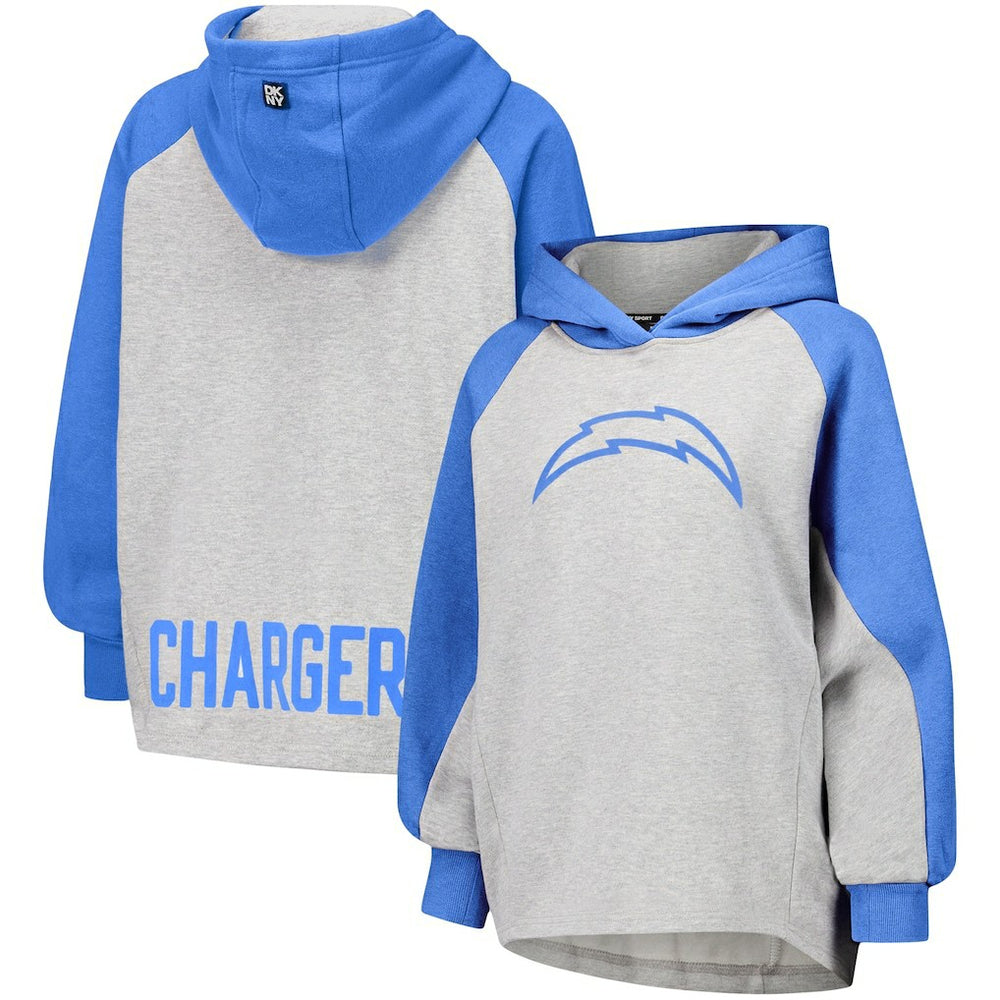 Los Angeles Chargers DKNY Sport Women's Joy Cropped Raglan Pullover Hoodie - Gray/Powder Blue | NFL