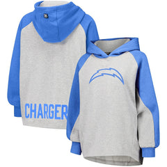 Los Angeles Chargers DKNY Sport Women's Joy Cropped Raglan Pullover Hoodie - Gray/Powder Blue | NFL