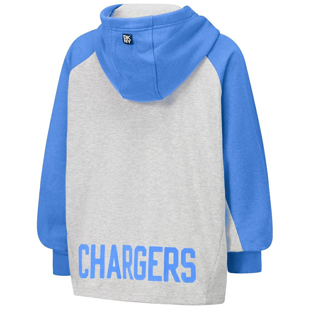 Los Angeles Chargers DKNY Sport Women's Joy Cropped Raglan Pullover Hoodie - Gray/Powder Blue | NFL