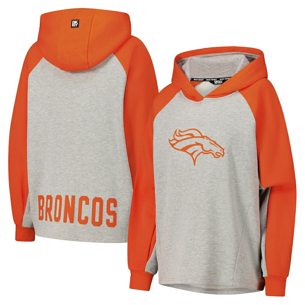 Denver Broncos DKNY Sport Women's Joy Cropped Raglan Pullover Hoodie - Gray/Orange | NFL